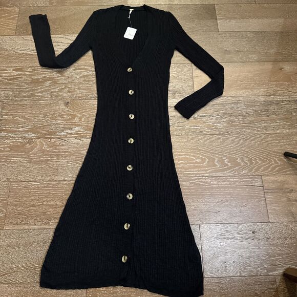 New Free People Date Night Long Sweater Dress Sz Medium Black Ribbed Buttons - Picture 5 of 12
